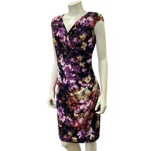 Lauren Ralph Lauren Purple Floral V-Neck‎ Ruched Sleeveless Knee-Length Dress 6
